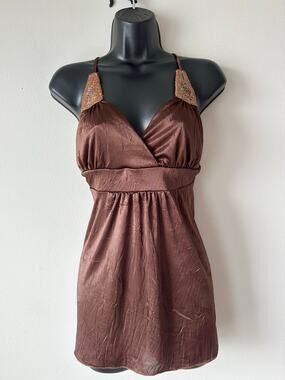 Vintage Y2K Wet Seal Chocolate Brown Beaded Satin Halter Tank Top McBling XL